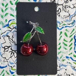 Antique Red & green enamel cherry brooch